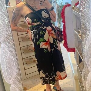 VENUS Black Floral Strapless Romper with Tropical Print